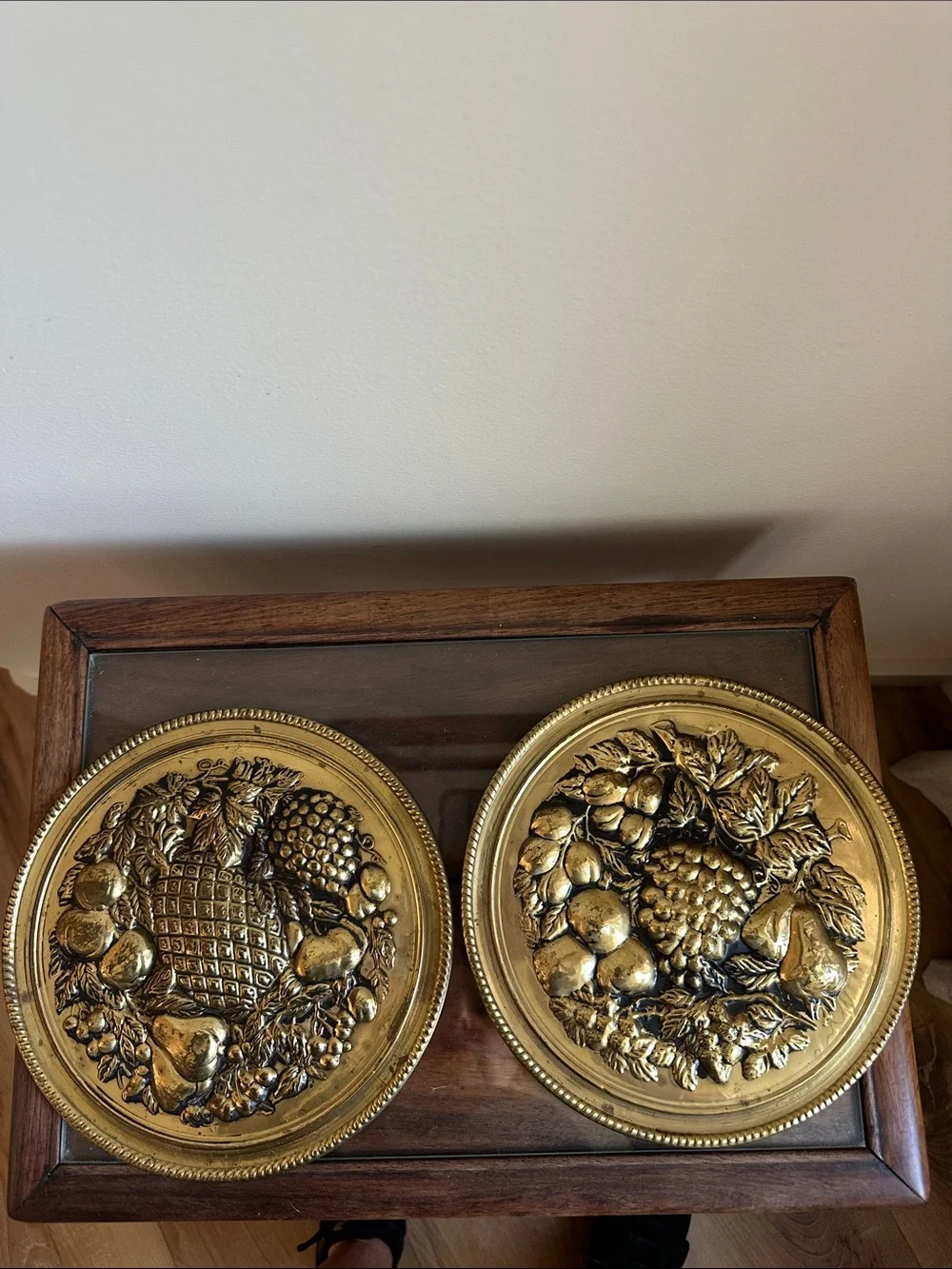 Vintage Brass Fruit Wall Plaques 8.5” - Pair of 2 - Embossed Pineapple & Grapes